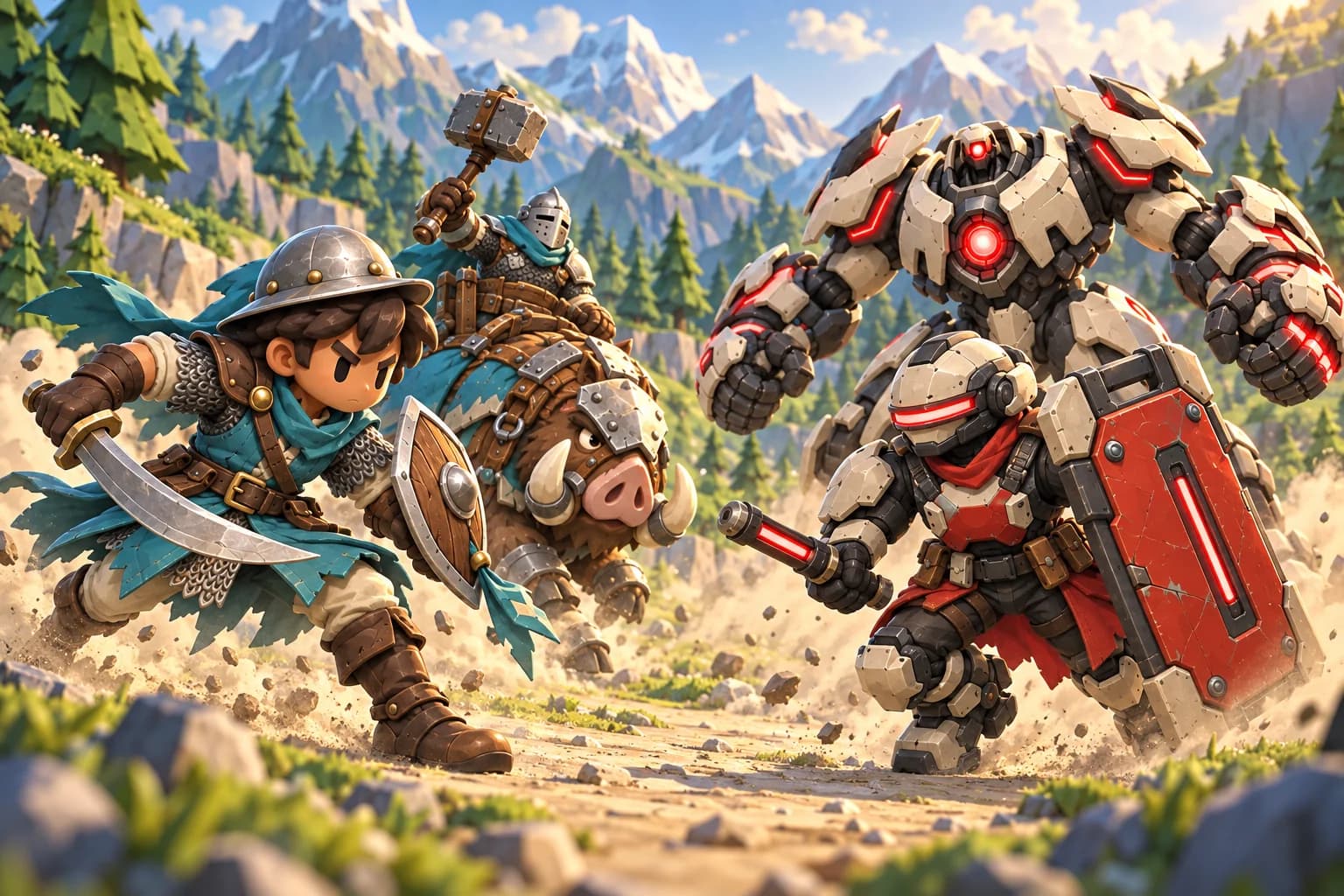 Everfront artwork: blue and red armies face off across a forest battlefield